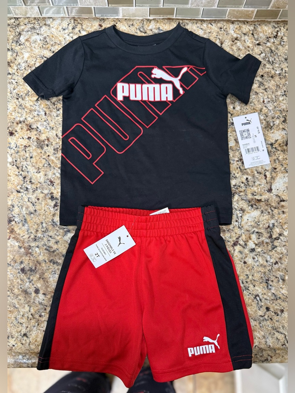 Puma Black and Red Logo Tee with Matching Athletic Shorts